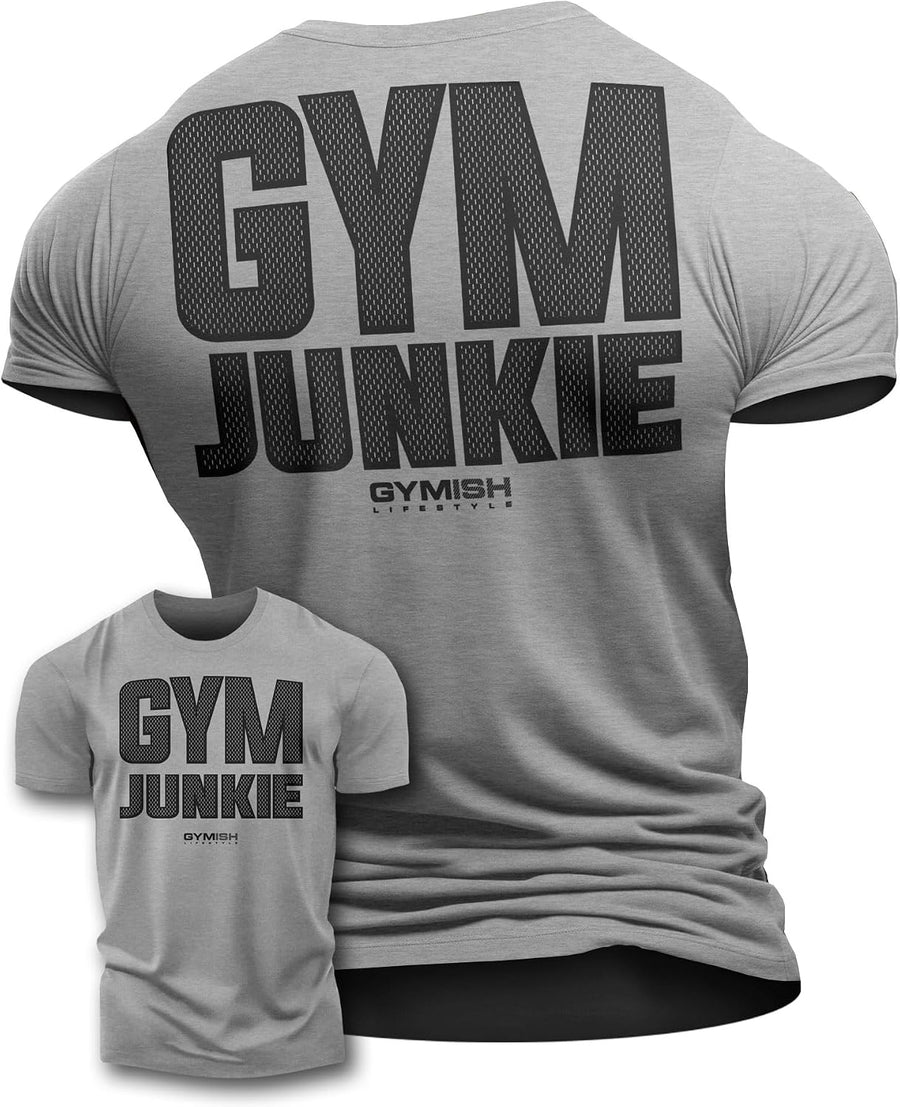 Gym Junkie Funny Saying T-Shirt for Men Fitness Inspiring Workout Shirts for Him - 02. Gym-junkie Back Grey