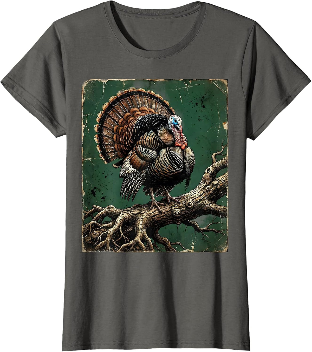 Women's Wild Turkey Perched on Gnarled Oak Branch T-Shirt - Asphalt Grey