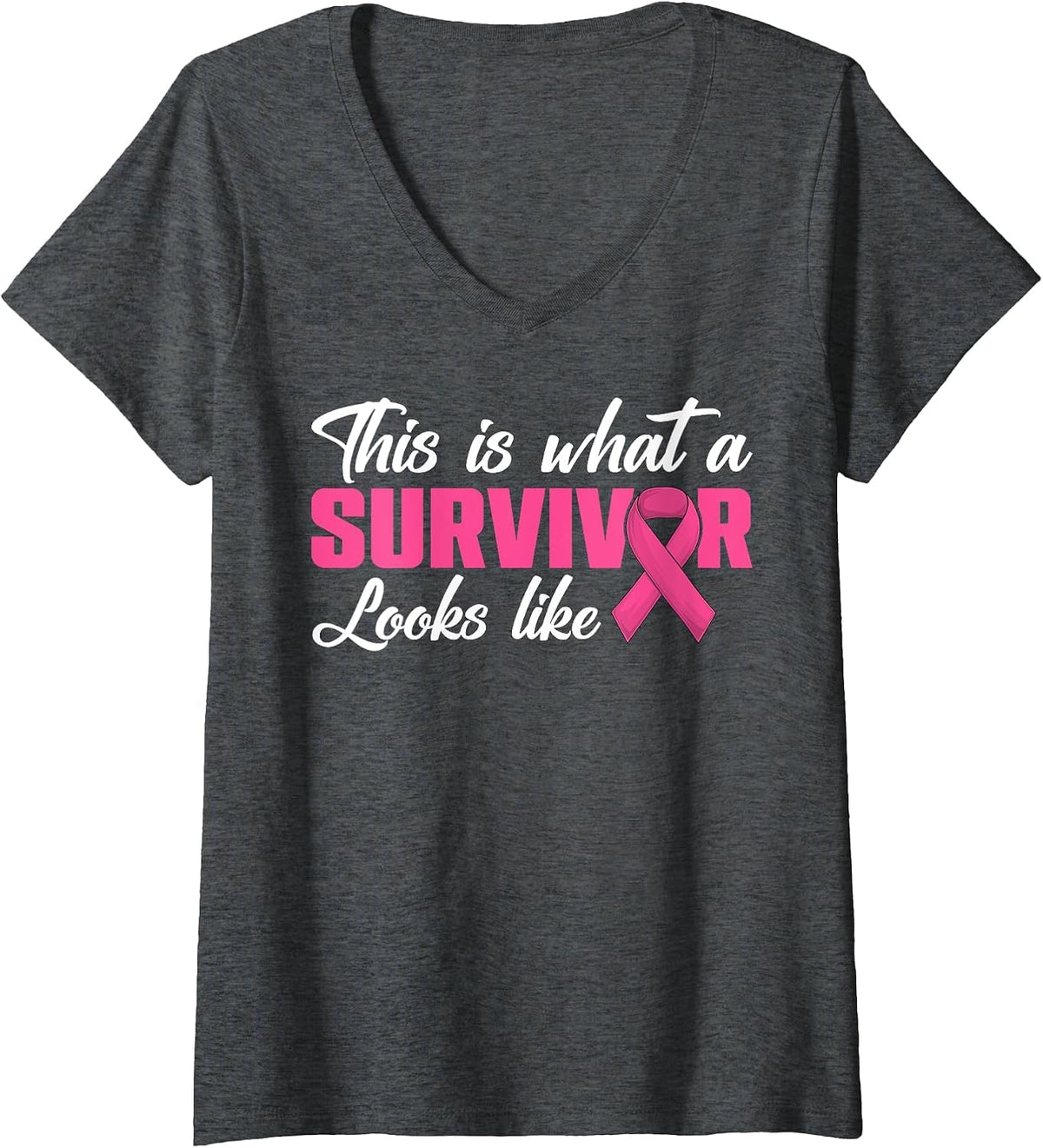 Women's This is What A Survivor Looks Like Breast Cancer Pink Ribbon V-Neck T-Shirt - Dark Heather Grey