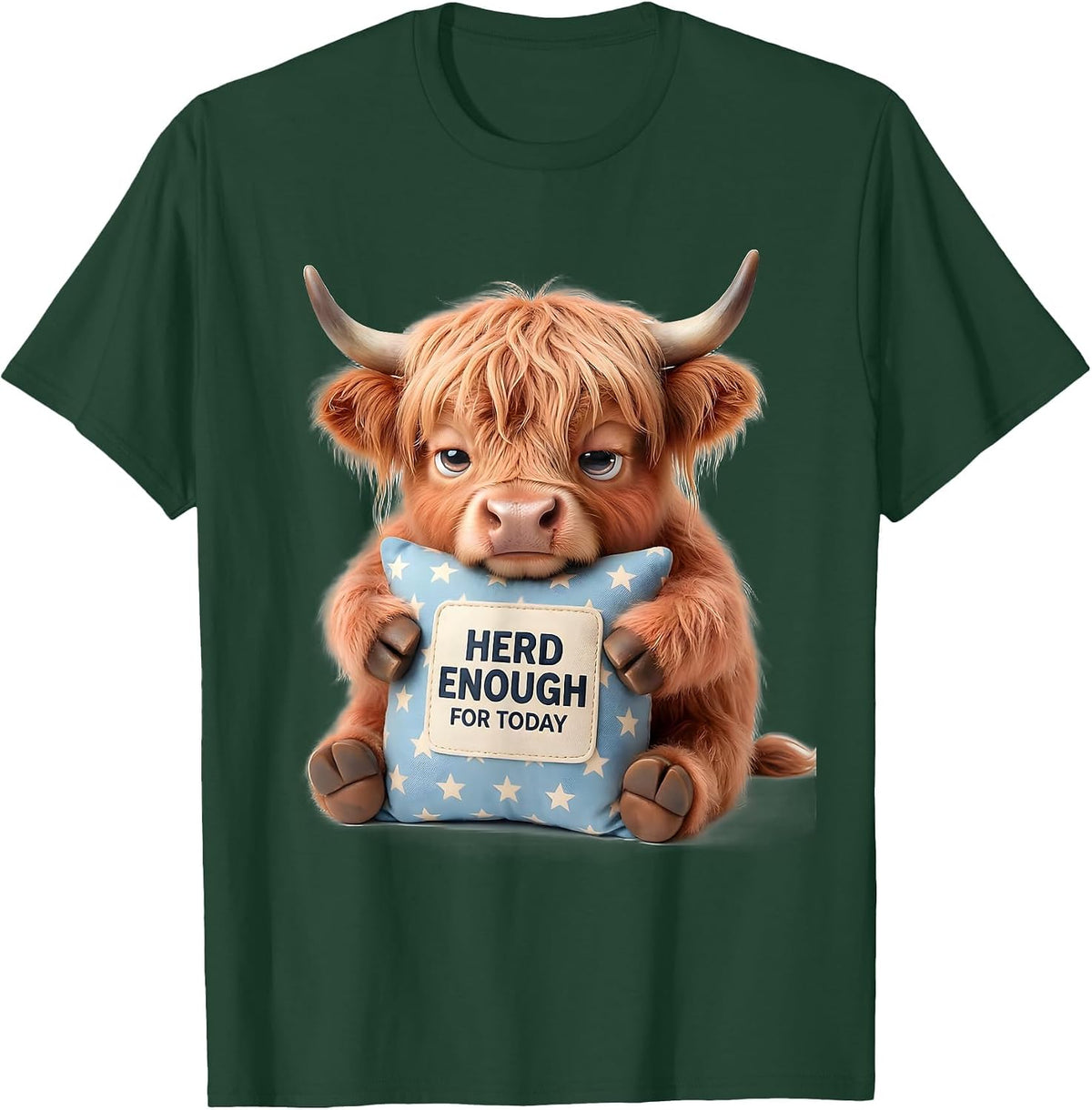 Herd Enough For Today Cute Kawaii Highland Cow Sleep Humor T-Shirt - Dark Green