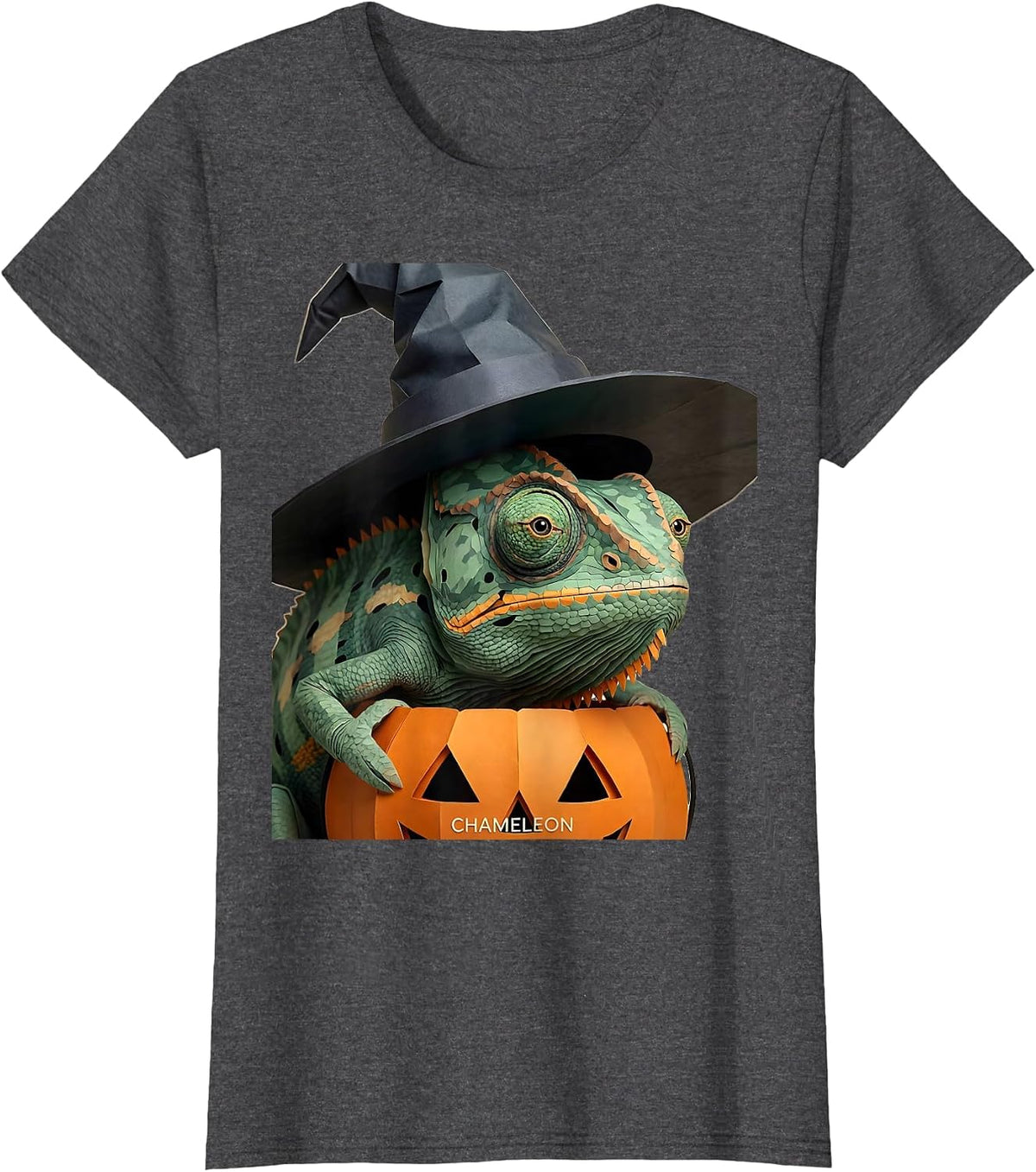 Women's Chameleon Paper Cutout Whimsical Halloween Witch Hat Animal T-Shirt - Dark Heather Grey