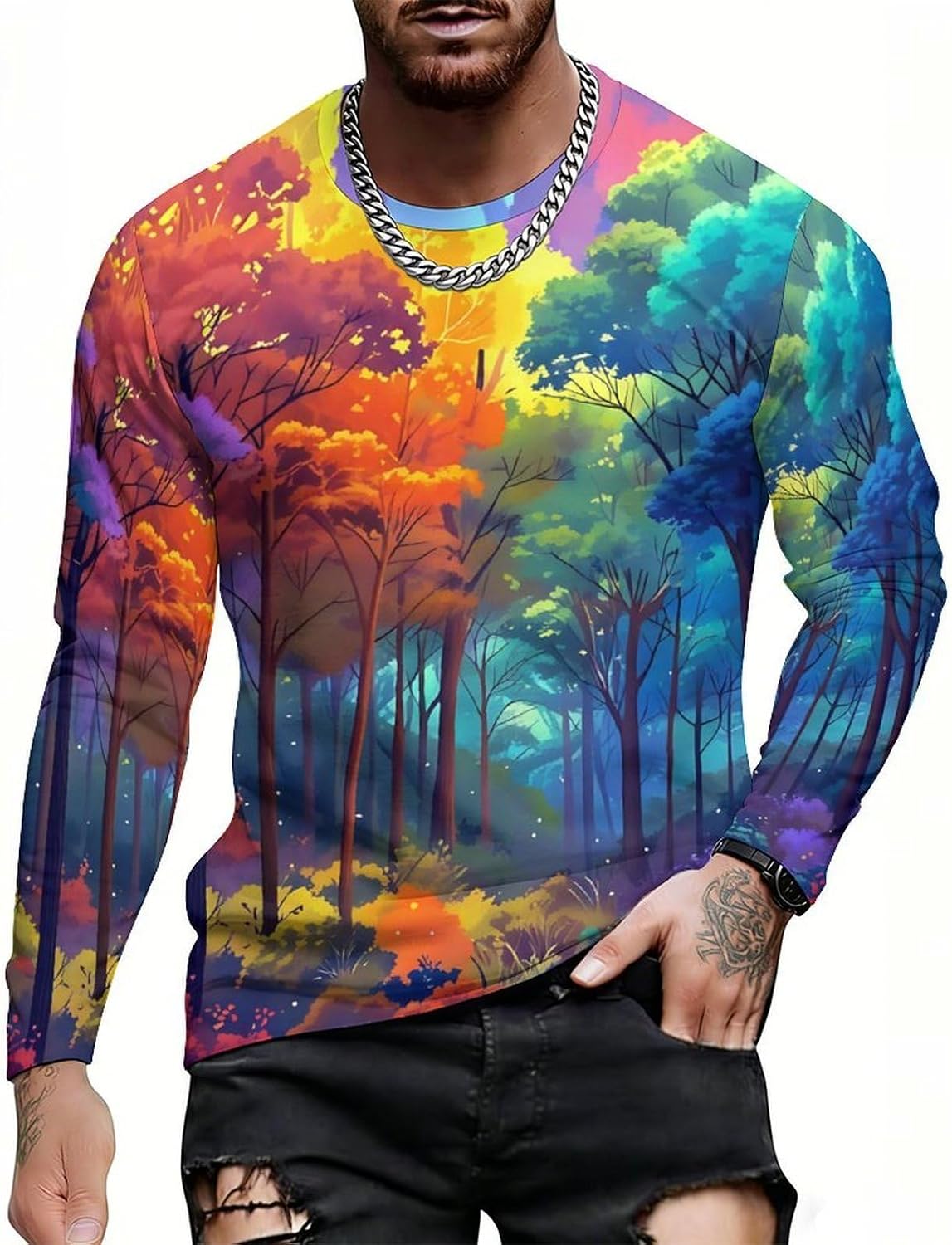CASOWAT Long Sleeve Shirts for Men, Lightweight All-Over Print Casual Tee, Breathable Crewneck Long Sleeve Top - Style-1