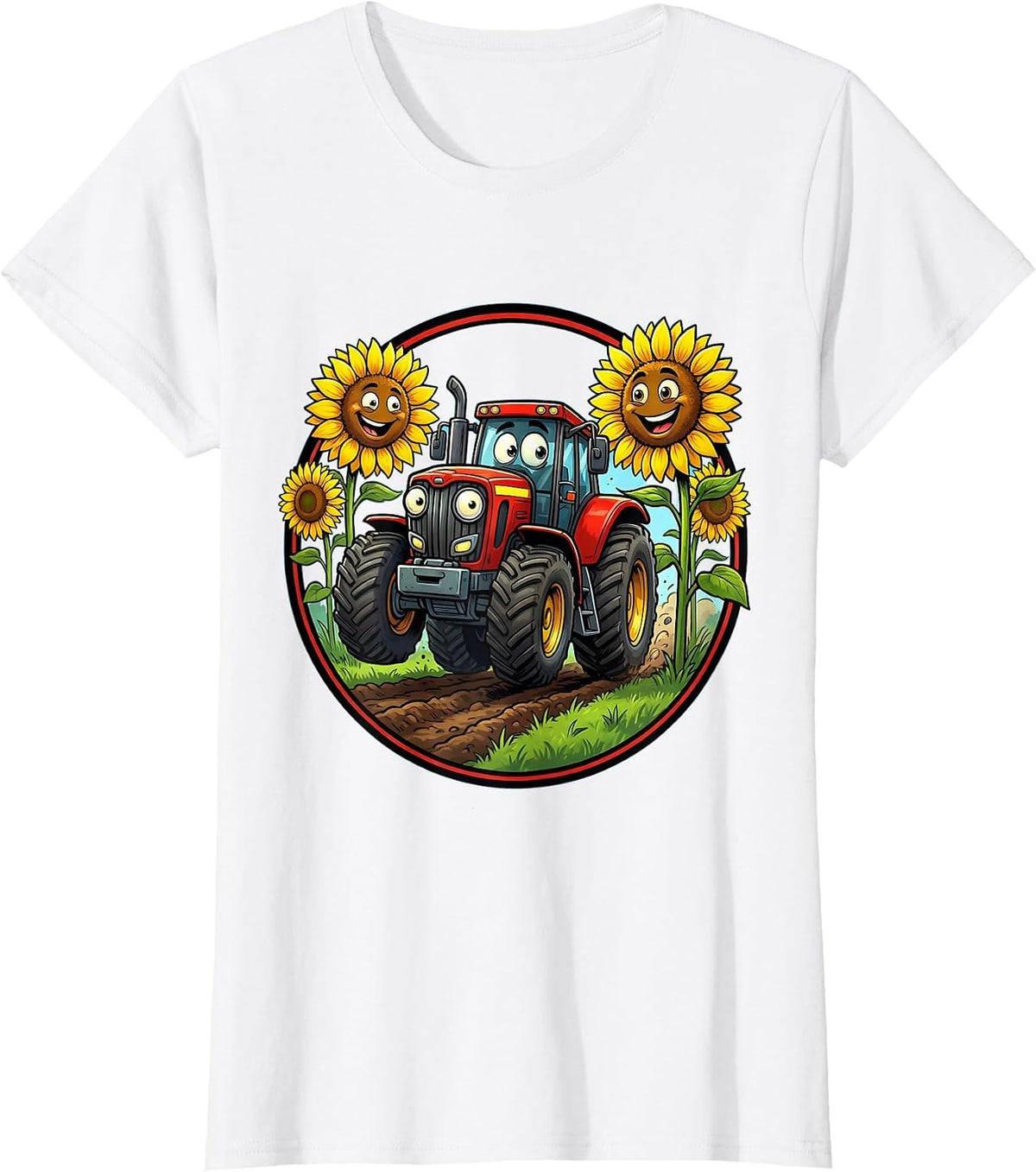 Pre K Tractor Sunflower Field Illustration T-Shirt - White
