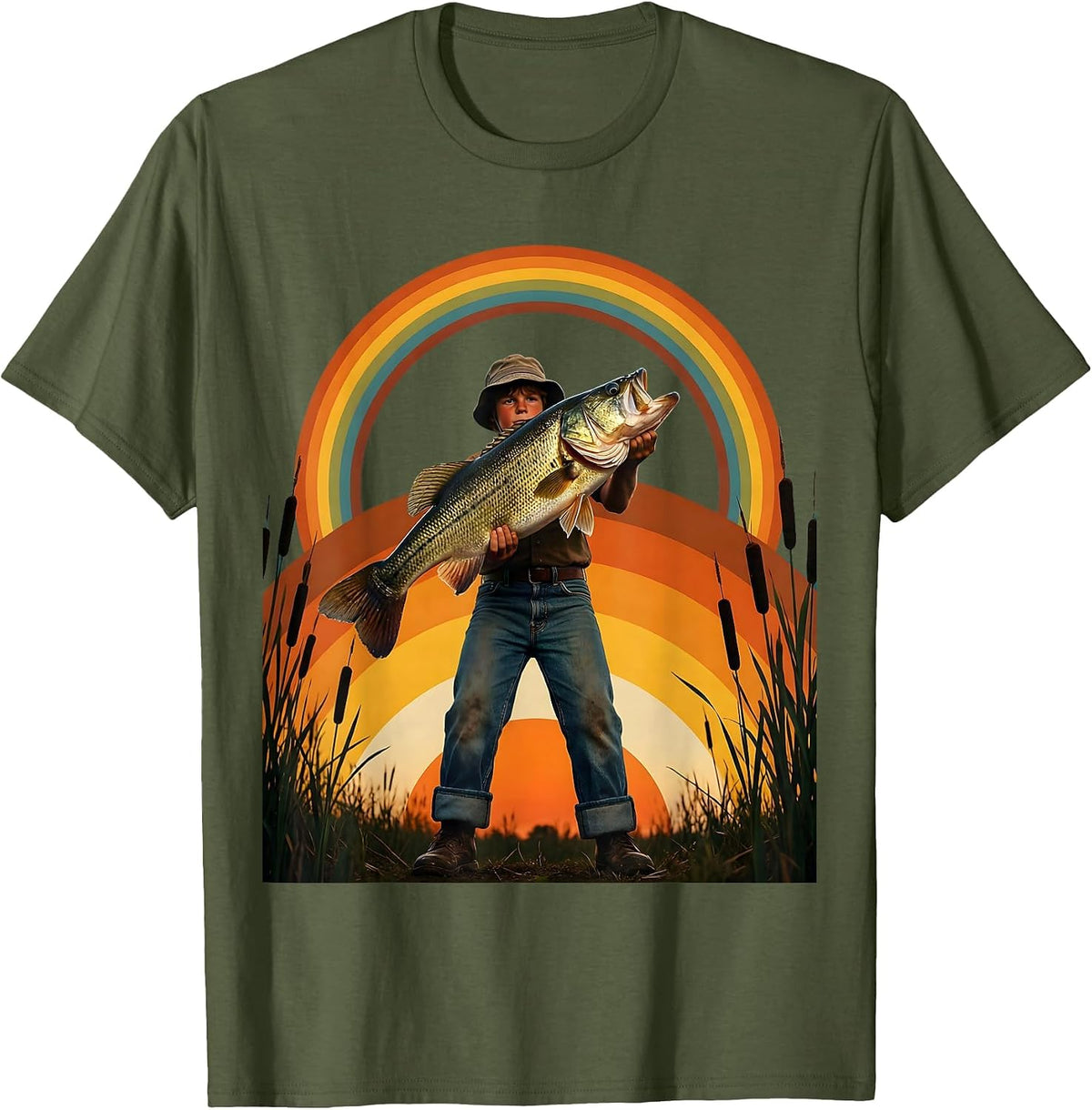 Young Angler Holding Giant Trophy Bass Fishing T-Shirt - Olive Green