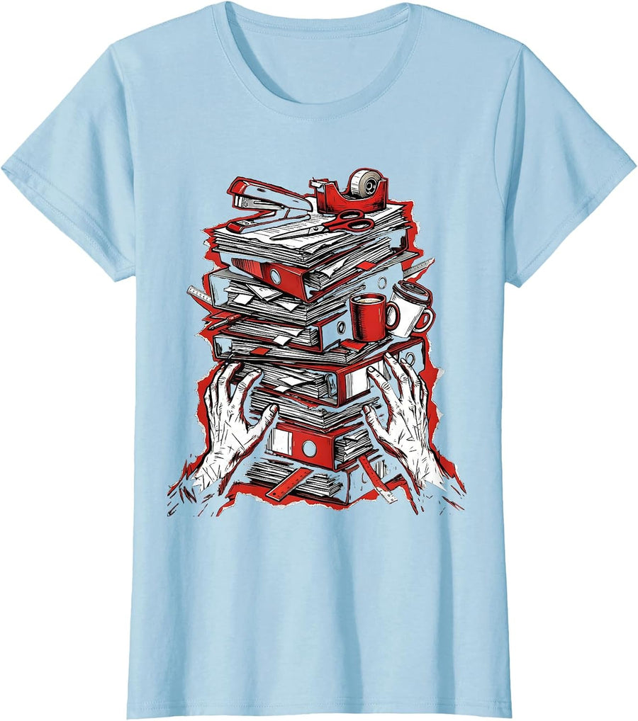 Women's Chaos Coordinator Wobbling Office Supplies Graphic T-Shirt - Baby Blue