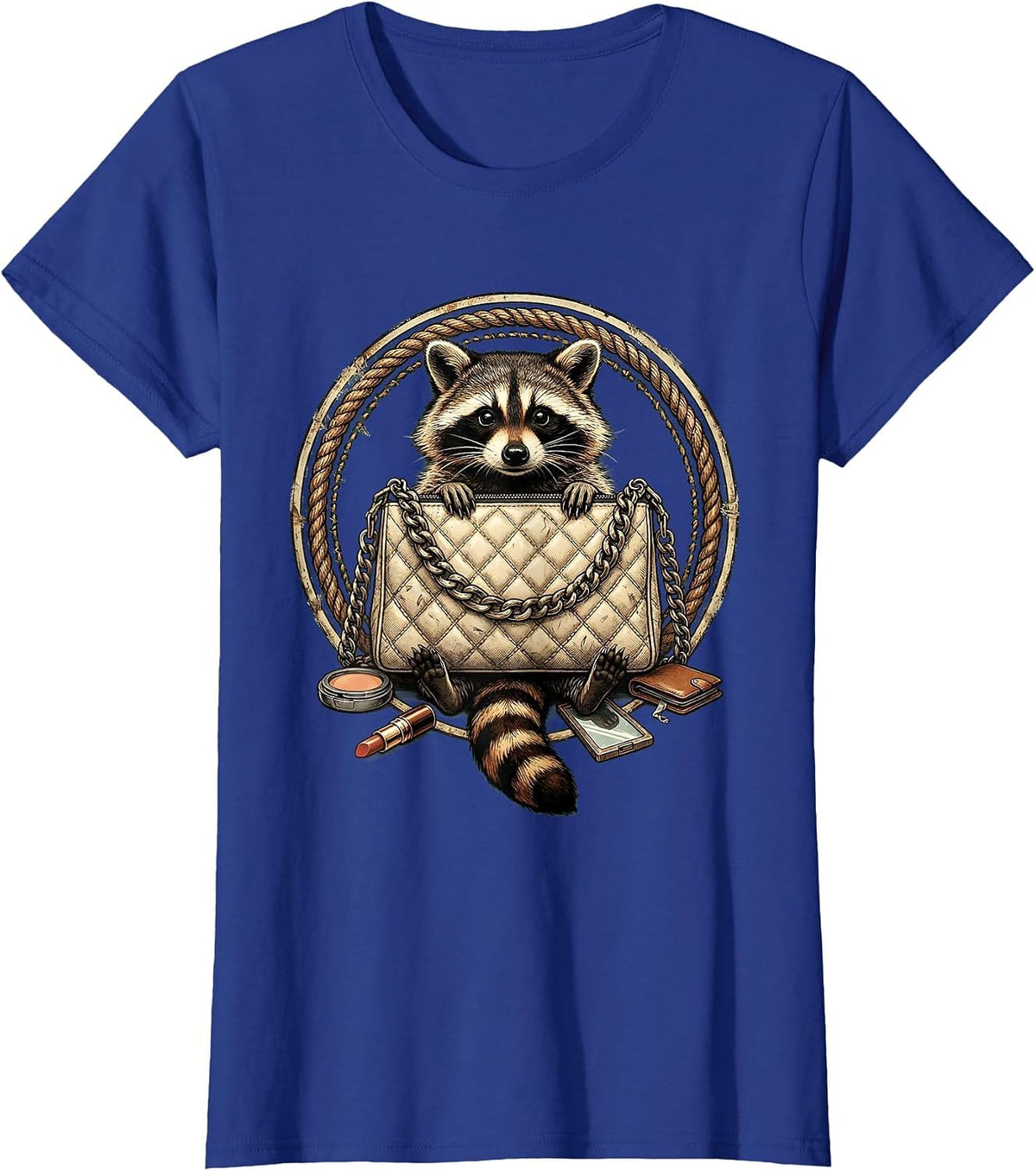 Women's Raccoon Digging Through Designer Purse Funny T-Shirt - Royal Blue