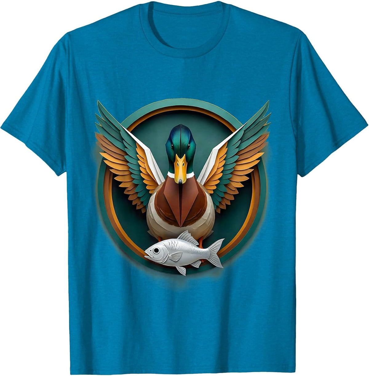 Duck With Wings Spread Catching Fish Illustration T-Shirt - Sapphire Blue