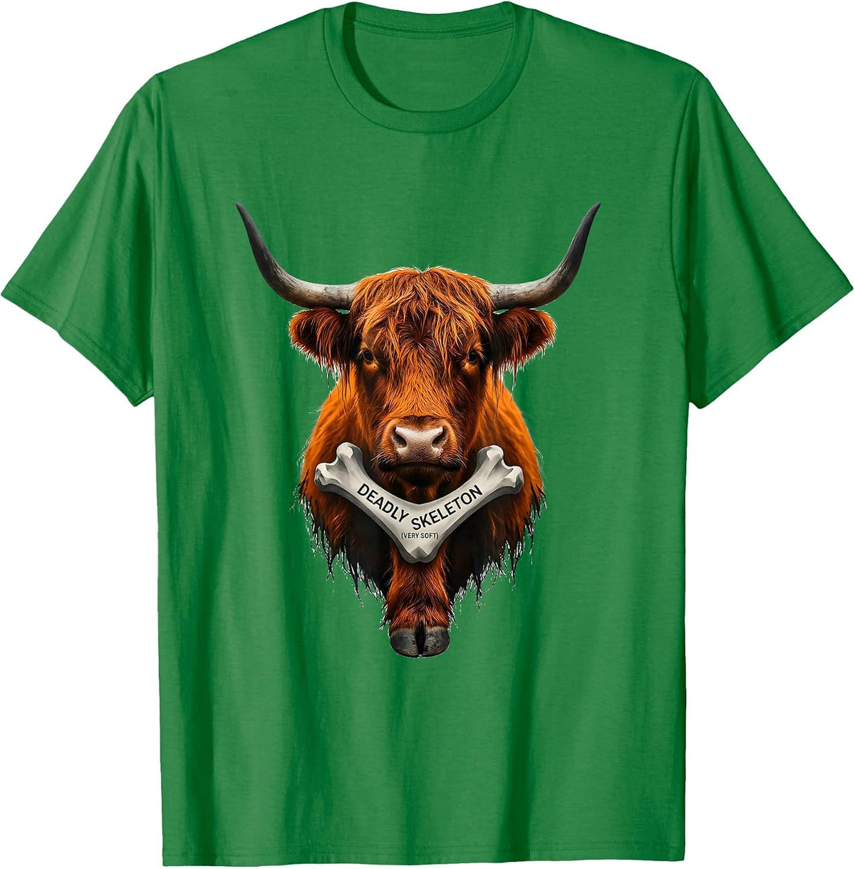 Men's Deadly Skeleton Very Soft Highland Cow Halloween Funny Fall T-Shirt - Kelly Green