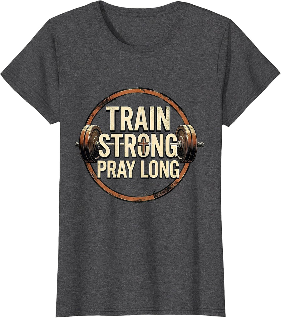 Women's Train Strong Pray Long Vintage Christian Gym Faith T-Shirt - Dark Heather Grey