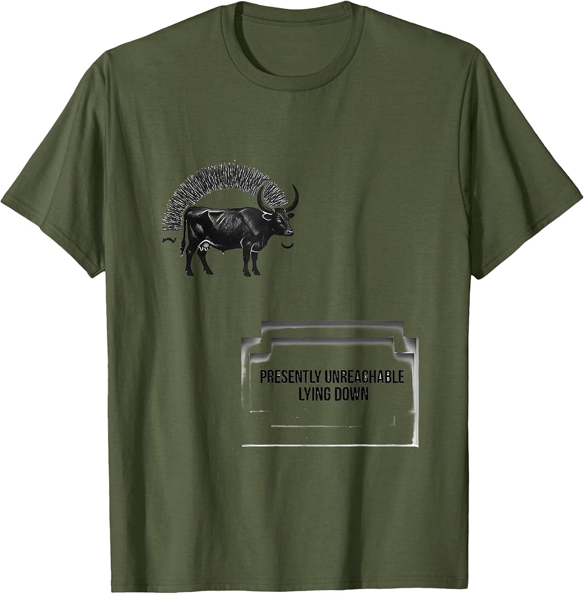 Presently Unreachable Lying Down Minimalist Highland Cow T-Shirt - Olive Green