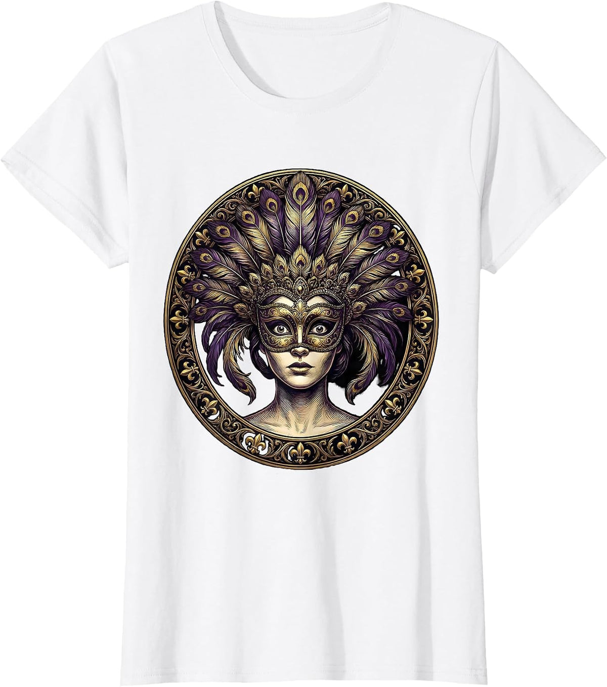 Women's Mardi Gras Masked Beauty Feathered Headdress T-Shirt - White