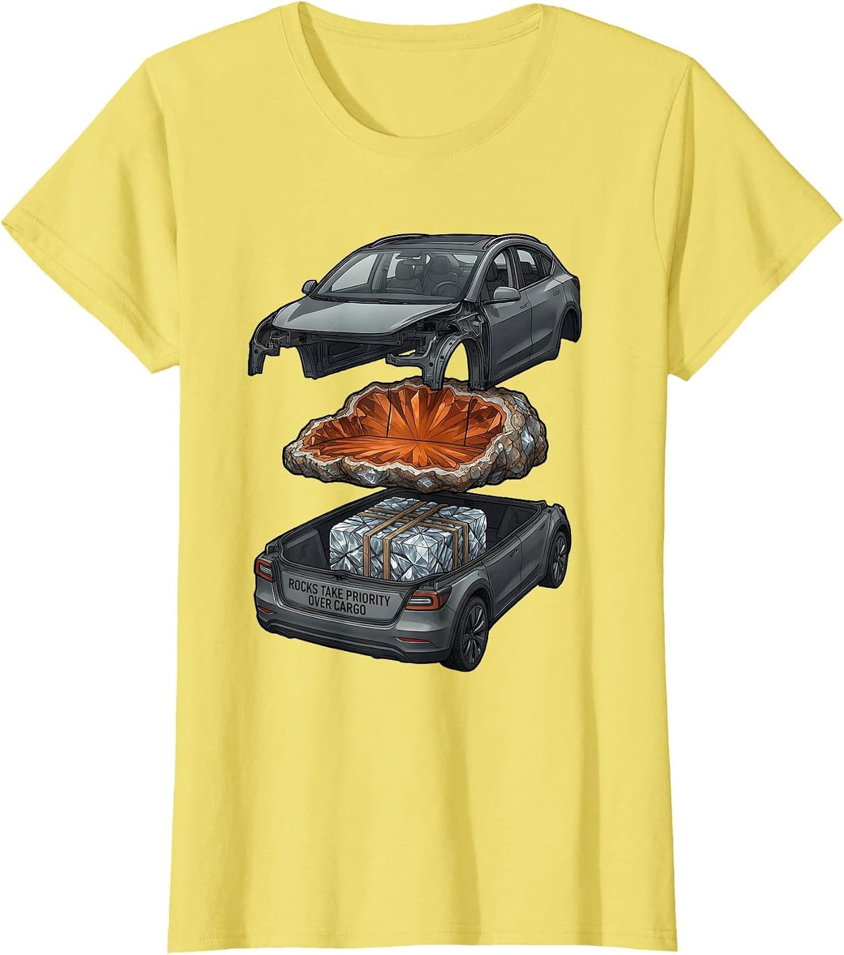 Women's Rocks Take Priority Over Cargo Funny Rock Collector Geode T-Shirt - Lemon Yellow