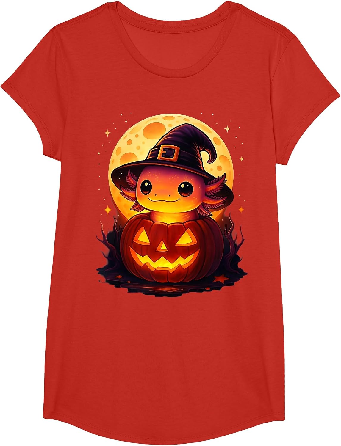 Cute Axolotl Witch Pumpkin Halloween Costume Boys Girls Kids T-Shirt - Girls Red