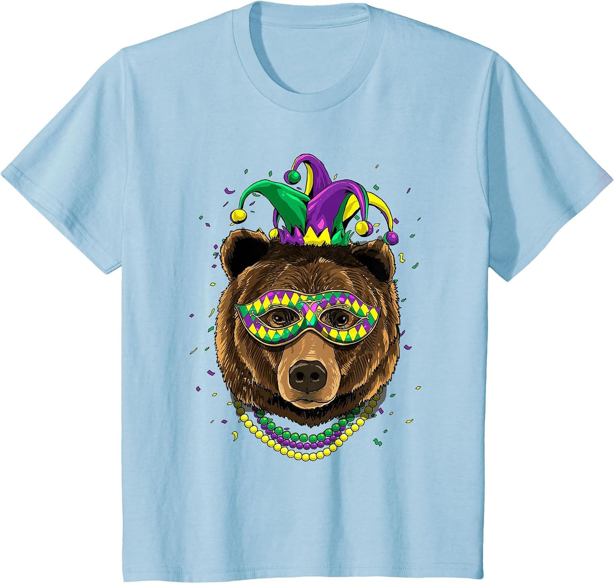Bear Animal Lover Cute Mardi Gras Carnival Jester T-Shirt, Youth, Baby Blue, X-Small - As Pictured