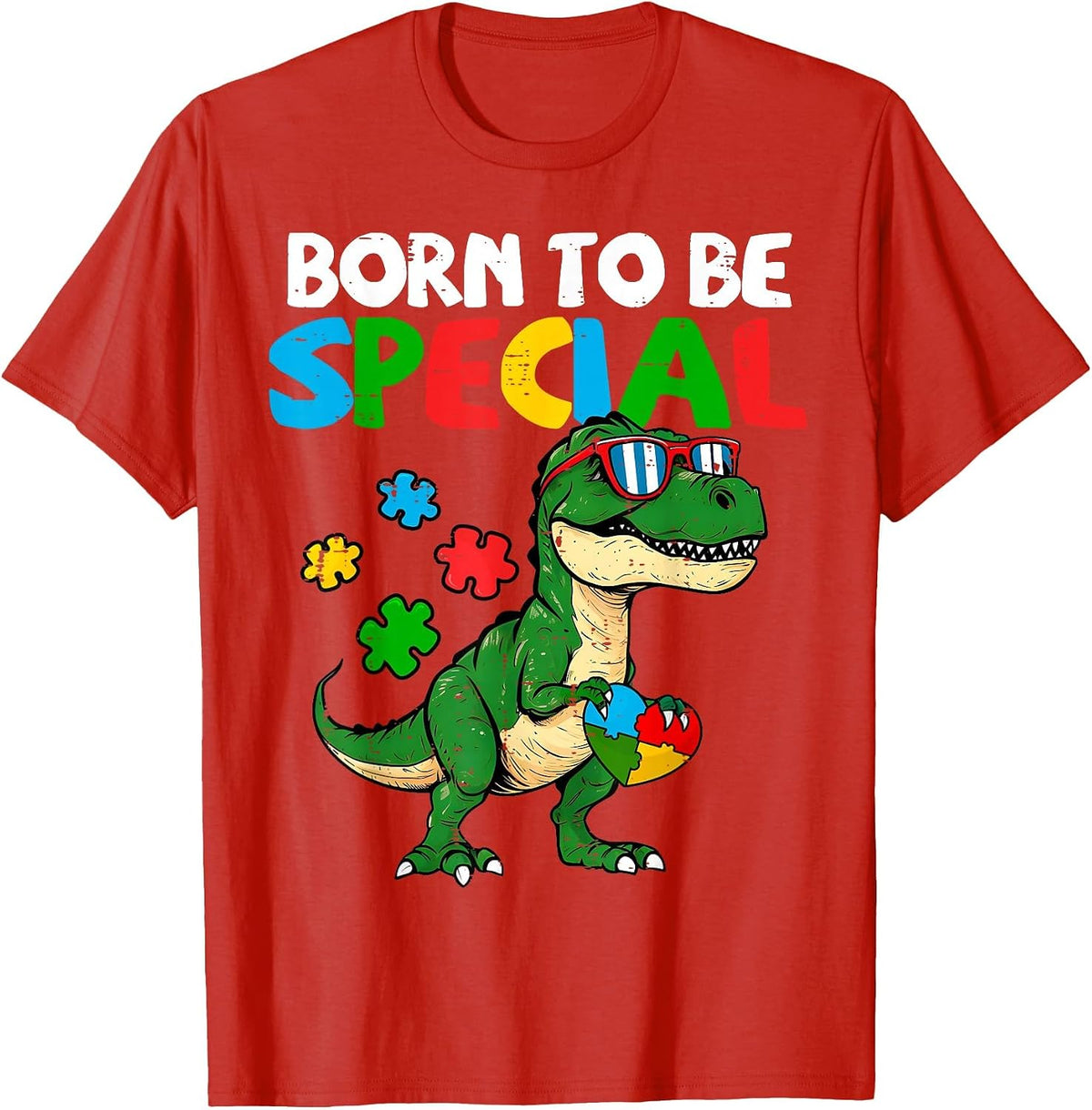 Born Special T-rex Puzzle Autism Awareness Dinosaur Boys T-Shirt - Red