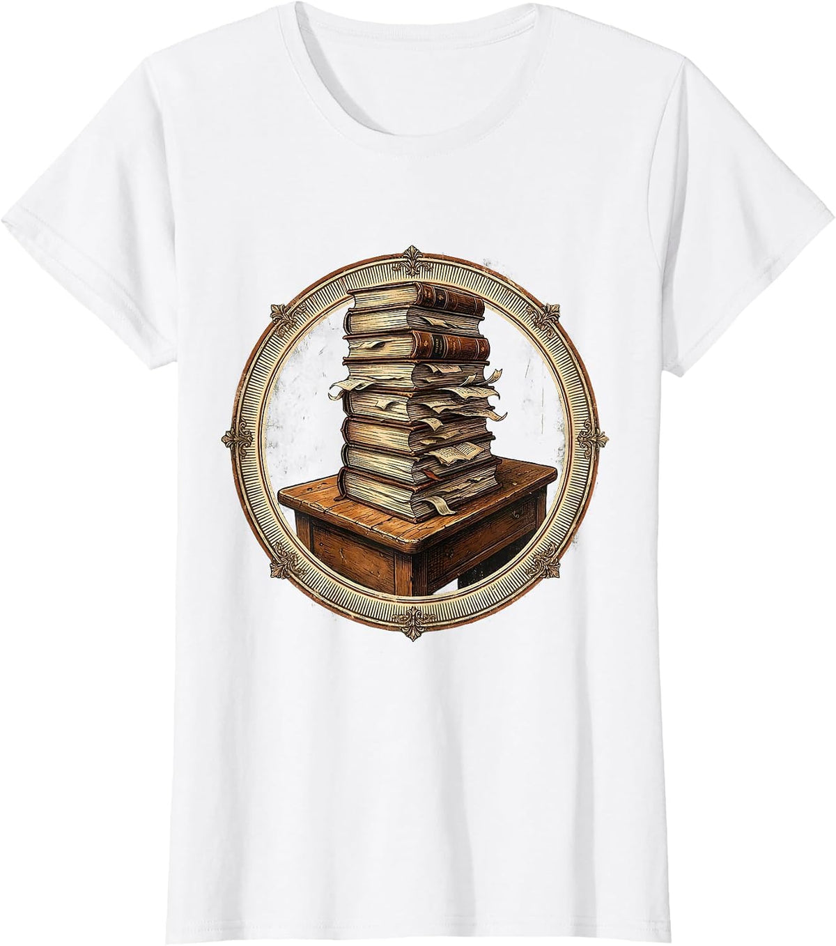 Reading Teacher Overflowing Books Desk Graphic T-Shirt - White