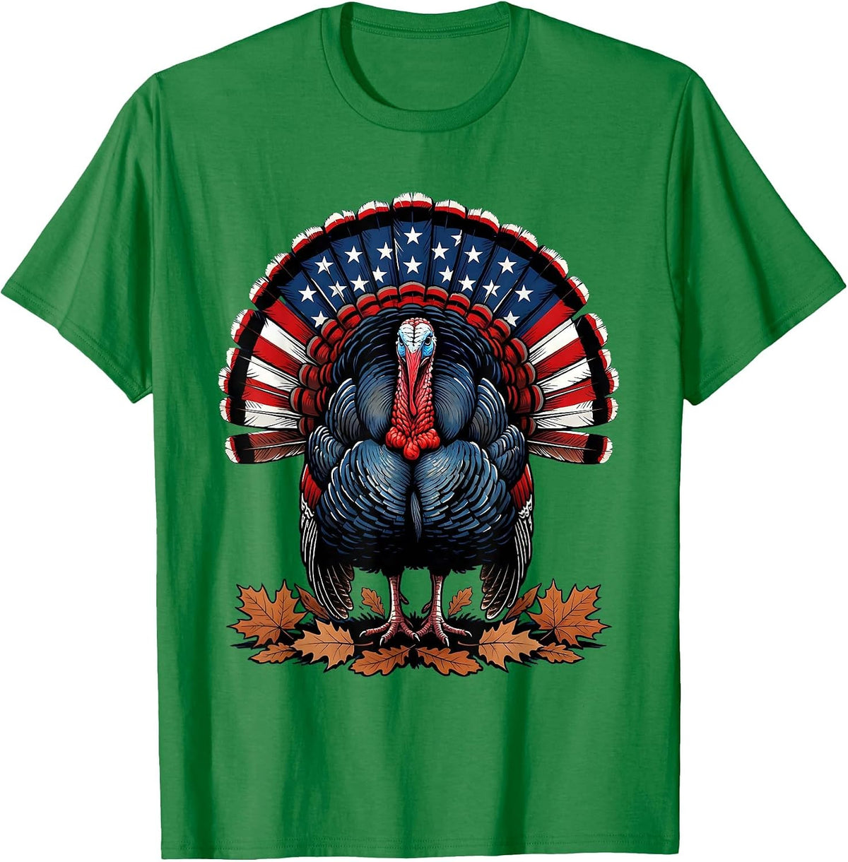 Men's Wild Turkey Strutting Autumn Leaves Thanksgiving T-Shirt - Kelly Green