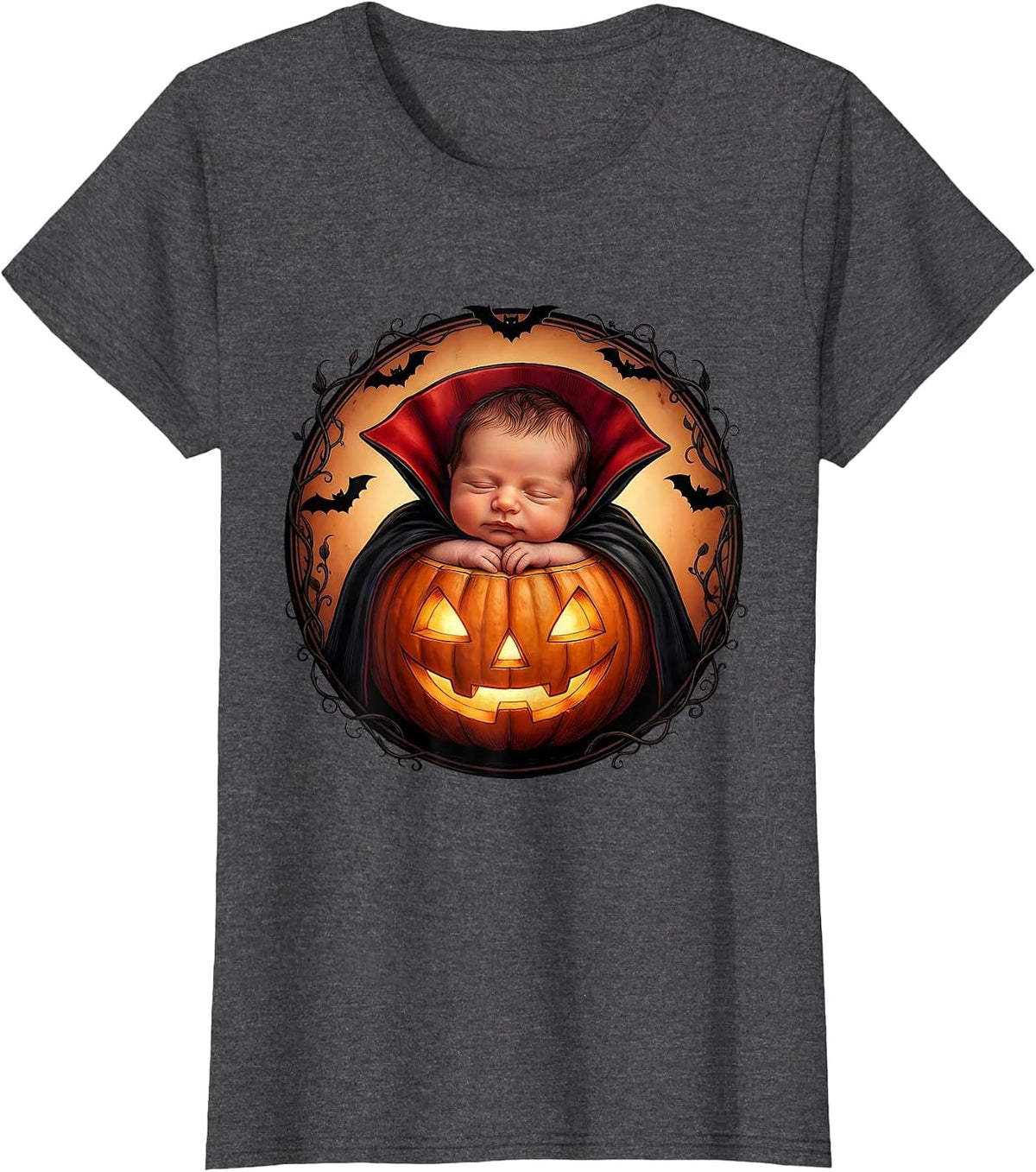Women's NICU Halloween Tiny Baby Vampire Pumpkin Design T-Shirt - Dark Heather Grey