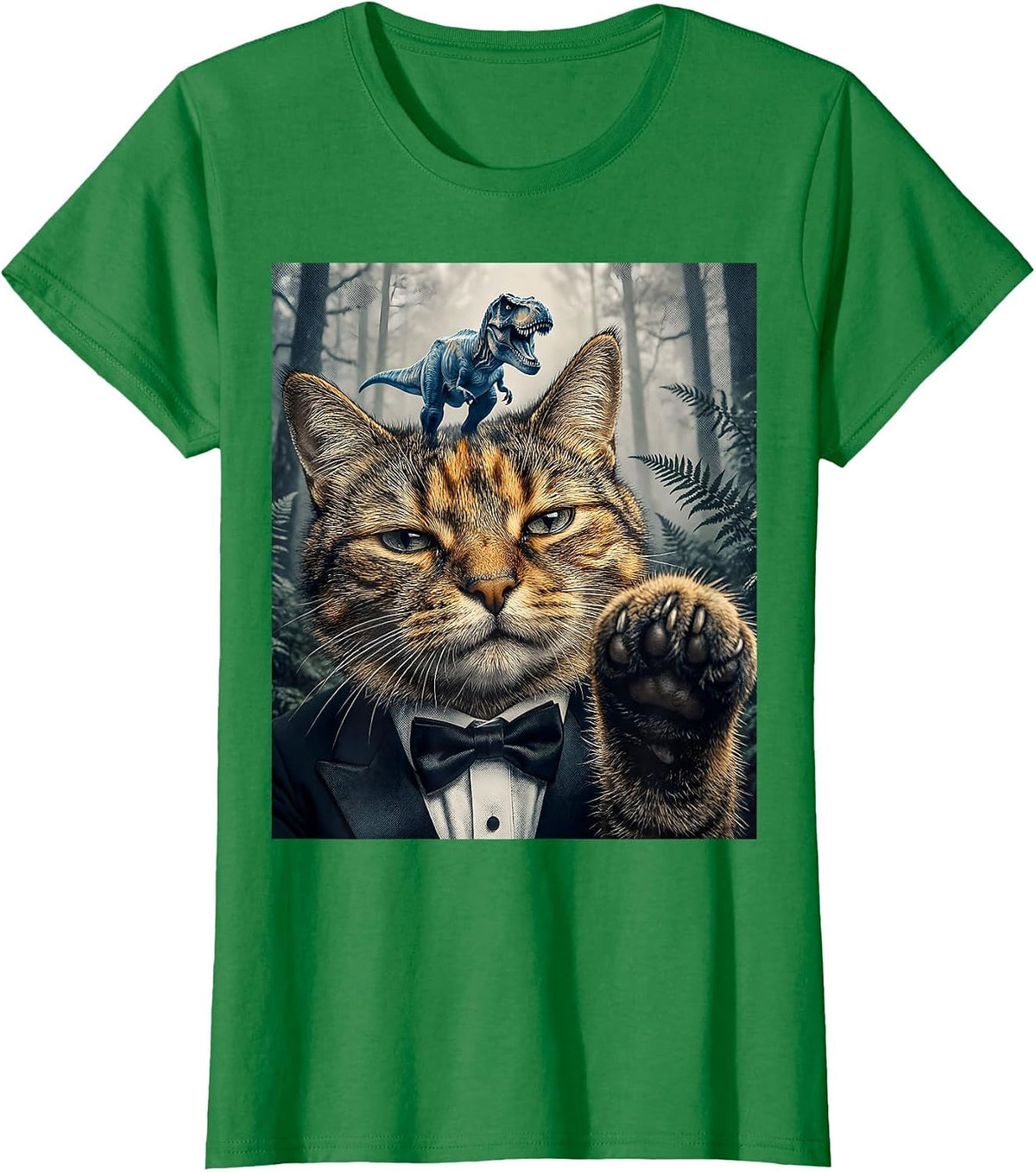Women's Oversized Deadpan Tuxedo Cat T-Rex Selfie Funny Meme T-Shirt - Kelly Green