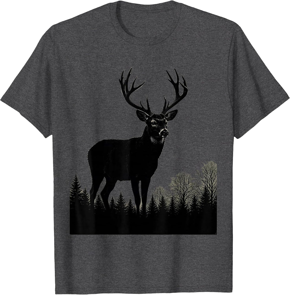 Buck Deer Silhouette Misty Treeline Hunting Design T-Shirt - Dark Heather Grey