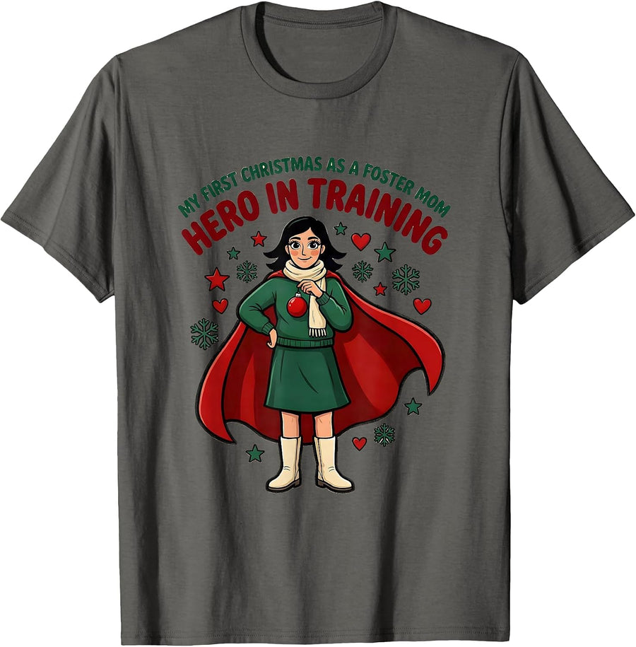 MY FIRST CHRISTMAS AS A FOSTER MOM - HERO IN TRAINING T-Shirt - Asphalt Grey