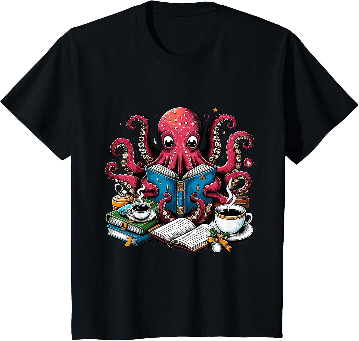 Octopus Reading Book Coffee Lover Bookaholic Bookworm Reader T-Shirt - Black