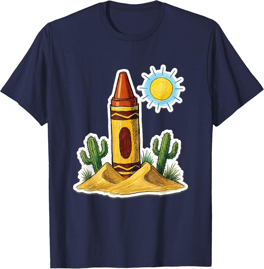 Lone Crayon Desert Illustration Graphic Tee T-Shirt - Navy Blue