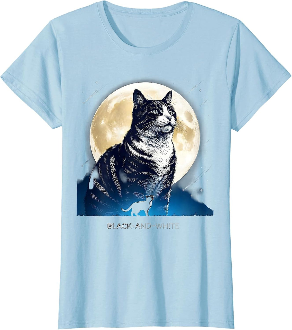 Women's Black-and-White Cosmic Tuxedo Cat Howling at Moon T-Shirt - Baby Blue