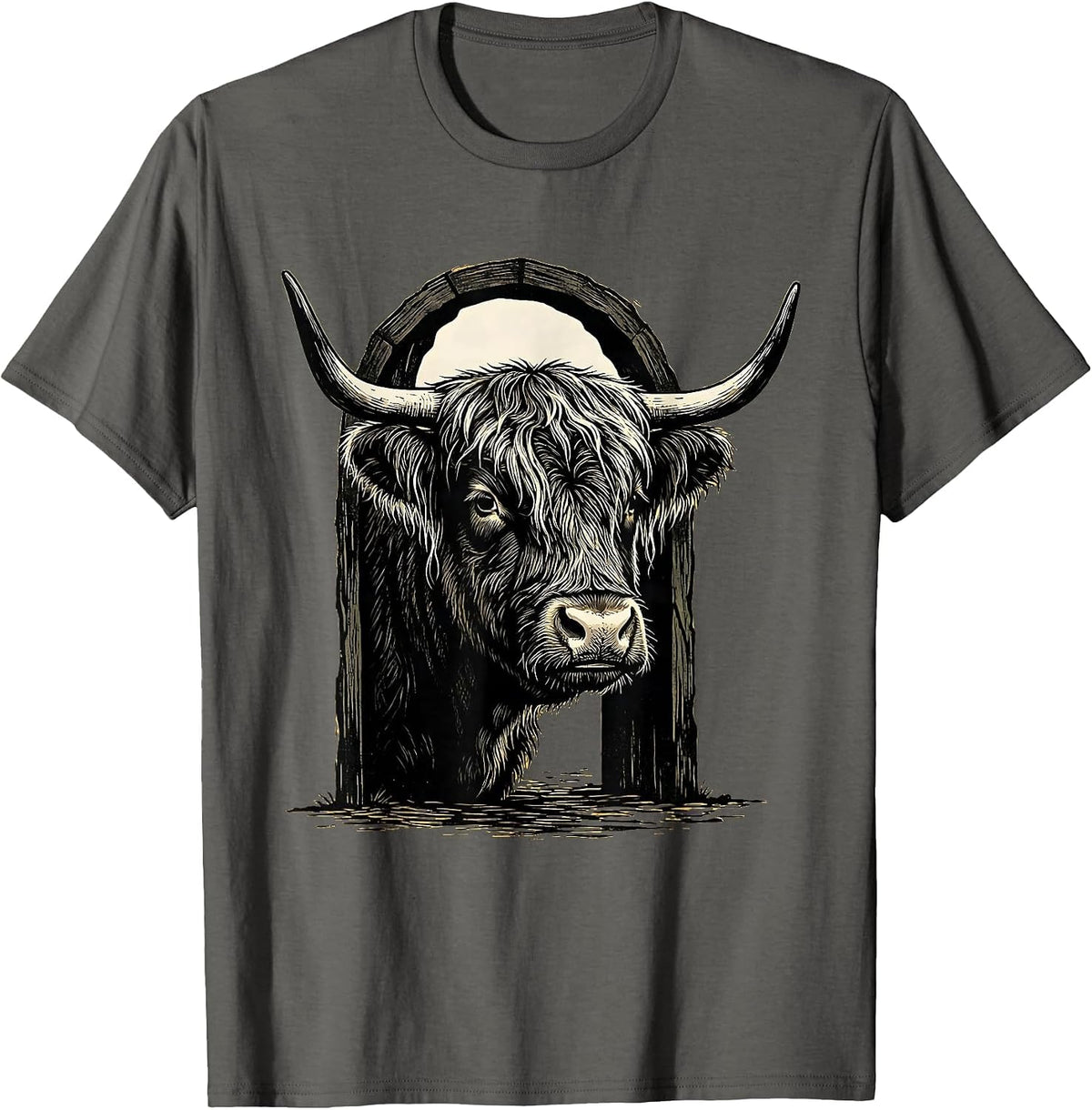 Highland Cow Woodcut Farm Animal Humor T-Shirt - Asphalt Grey