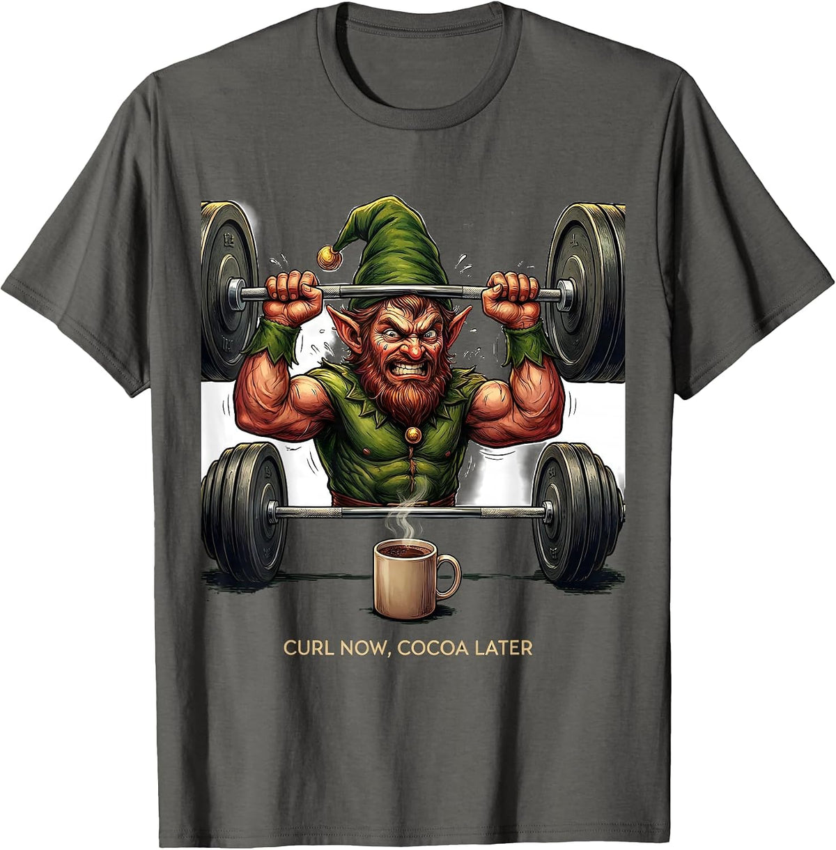 Men's Curl Now, Cocoa Later Funny Christmas Gym Workout T-Shirt - Asphalt Grey