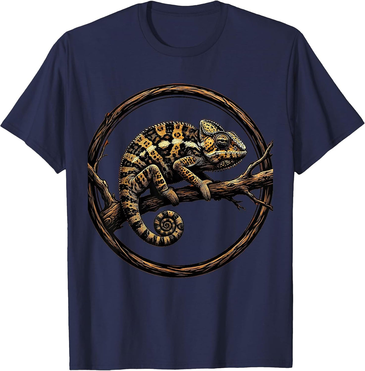 Safari Chameleon on Branch Illustration T-Shirt - Navy Blue