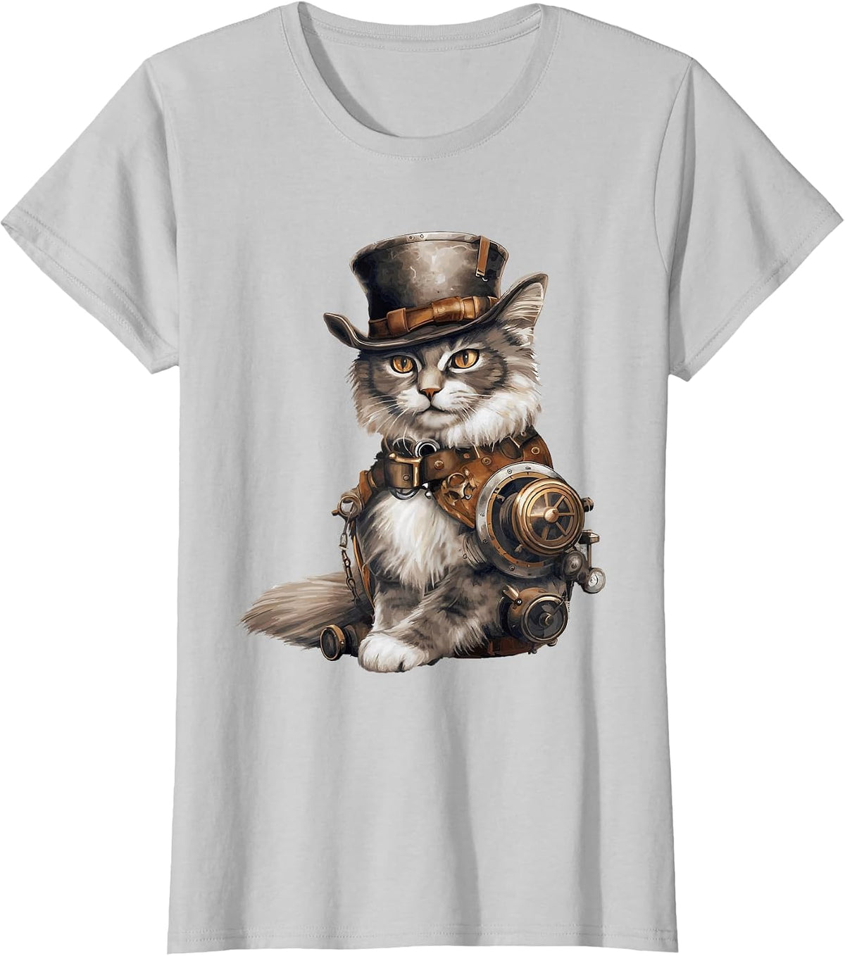 Steampunk Cat with Hat Graphic Design Cat Lover Art Fantasy T-Shirt - Silver Grey