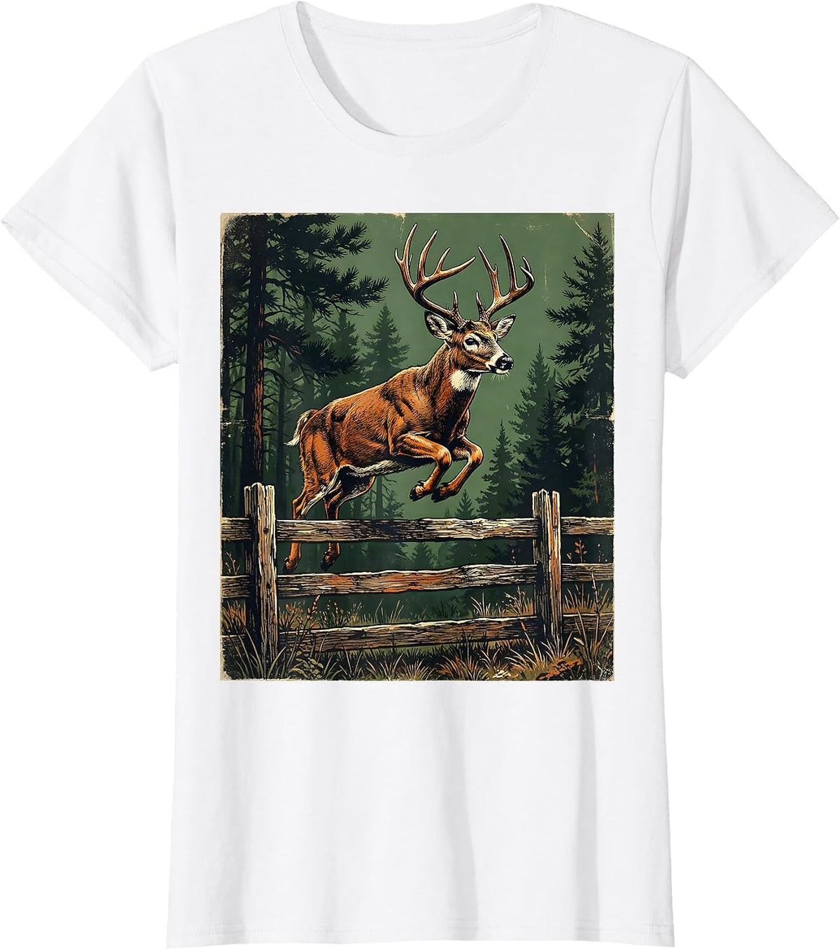 Whitetail Deer Leaping Over Forest Fence T-Shirt - White
