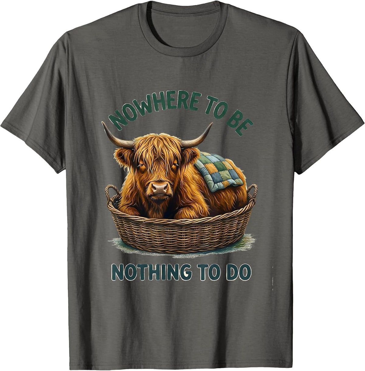 Men's Nowhere To Be, Nothing To Do Storybook Highland Cow Humor T-Shirt - Asphalt Grey