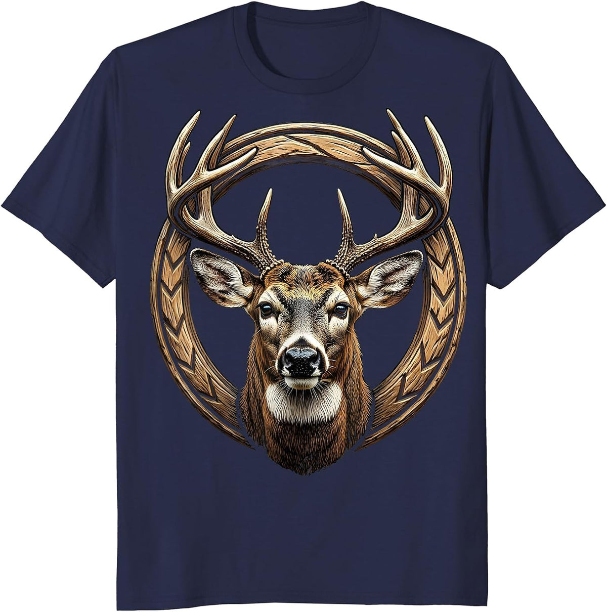 Whitetail Buck Head Straight-On Portrait Graphic T-Shirt - Navy Blue