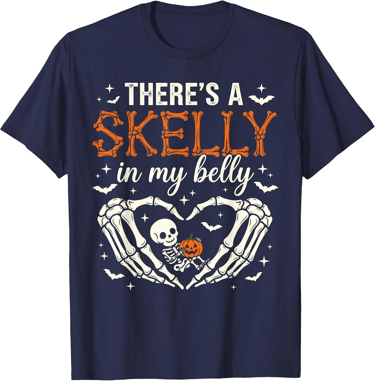 There's Skelly in My Belly Funny Skeleton Pregnant Halloween T-Shirt - Navy Blue