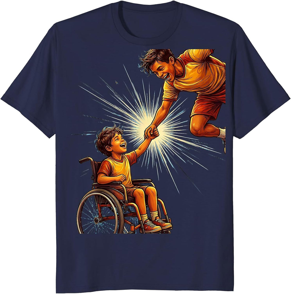 Men's Special Education Wheelchair High-Five Inclusion Design T-Shirt - Navy Blue
