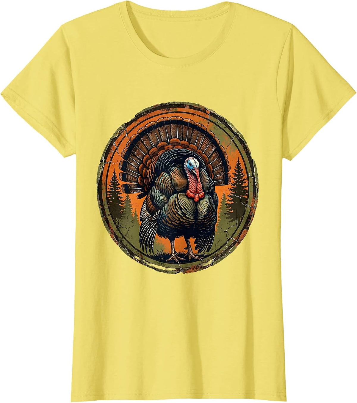 Camo Gobbler Turkey Fanning Tail Forest Design T-Shirt - Lemon Yellow
