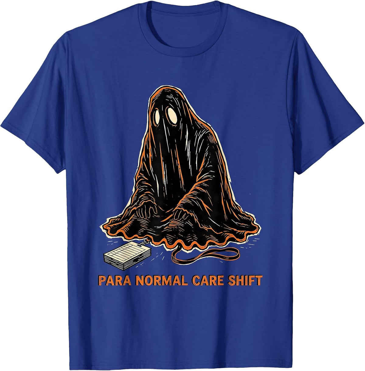 Men's Para Normal Care Shift Linocut Ghost Paraeducator Halloween T-Shirt - Royal Blue