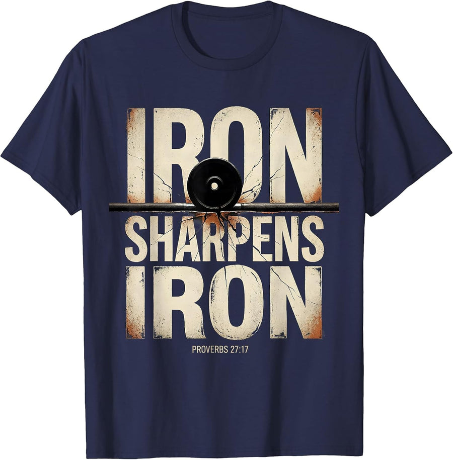 Iron Sharpens Iron Proverbs 27:17 Distressed Christian Men T-Shirt - Navy Blue