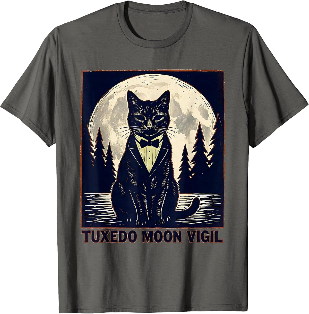 Men's Tuxedo Moon Vigil Linocut 90s Retro Tuxedo Cat Portrait T-Shirt - Asphalt Grey