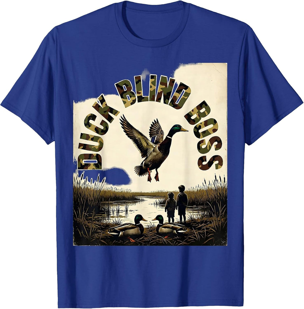 Men's Duck Blind Boss Vintage Duck Hunting Humor Camo Outdoorsman T-Shirt - Royal Blue