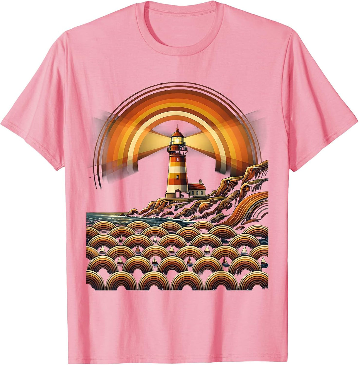 Lighthouse Beam Over Sea of Boats Graphic T-Shirt - Pink