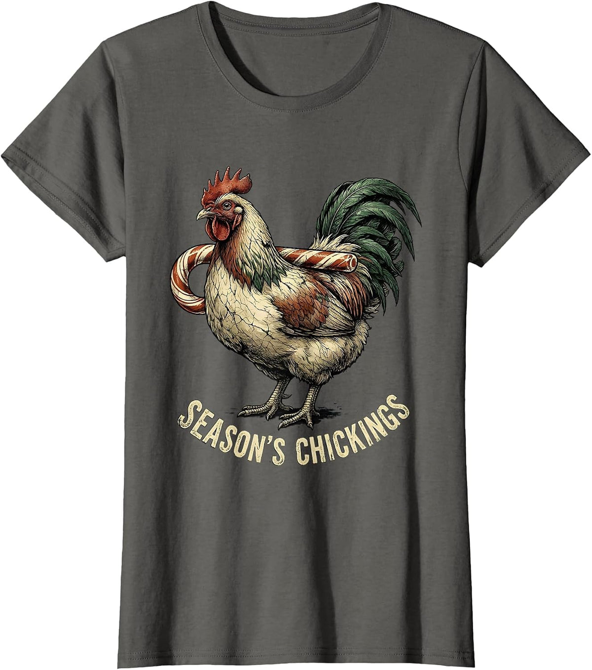 Women's Season's Chickings Distressed Chicken Lover Christmas Humor T-Shirt - Asphalt Grey