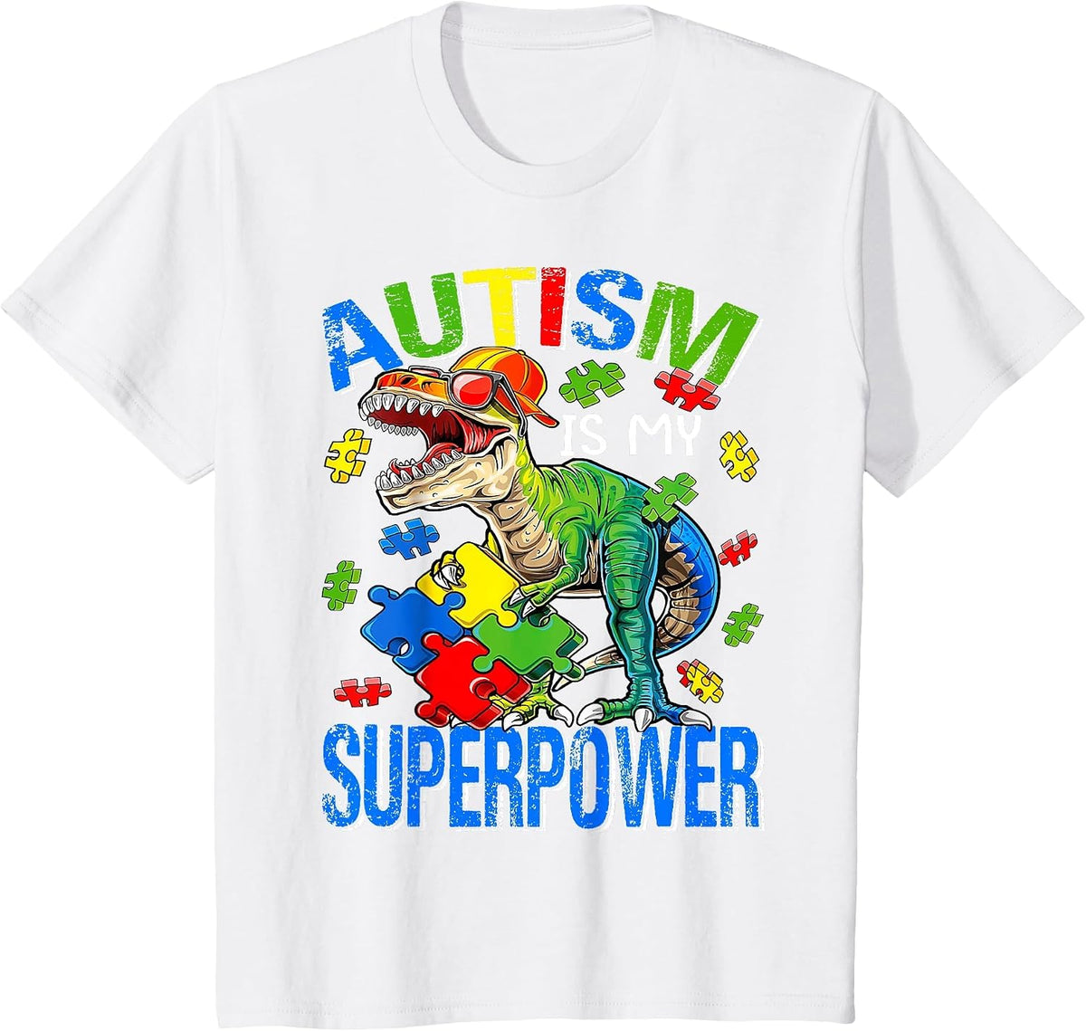 Autism is My Superpower Autism Awareness Dinosaur T Rex T-Shirt - White