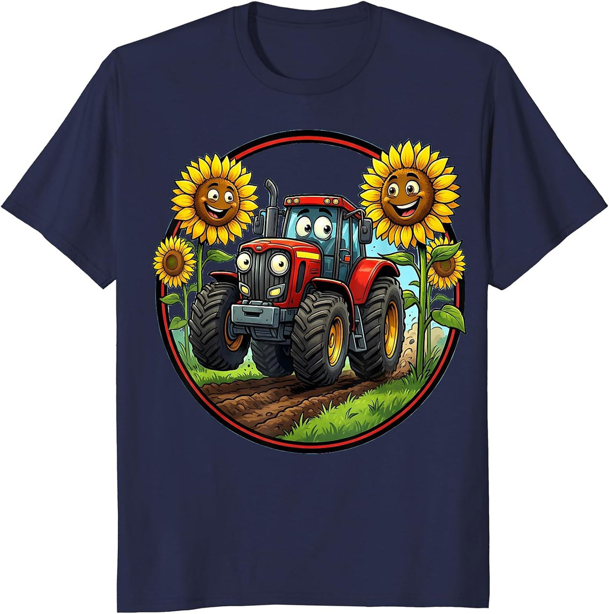 Pre K Tractor Sunflower Field Illustration T-Shirt - Navy Blue