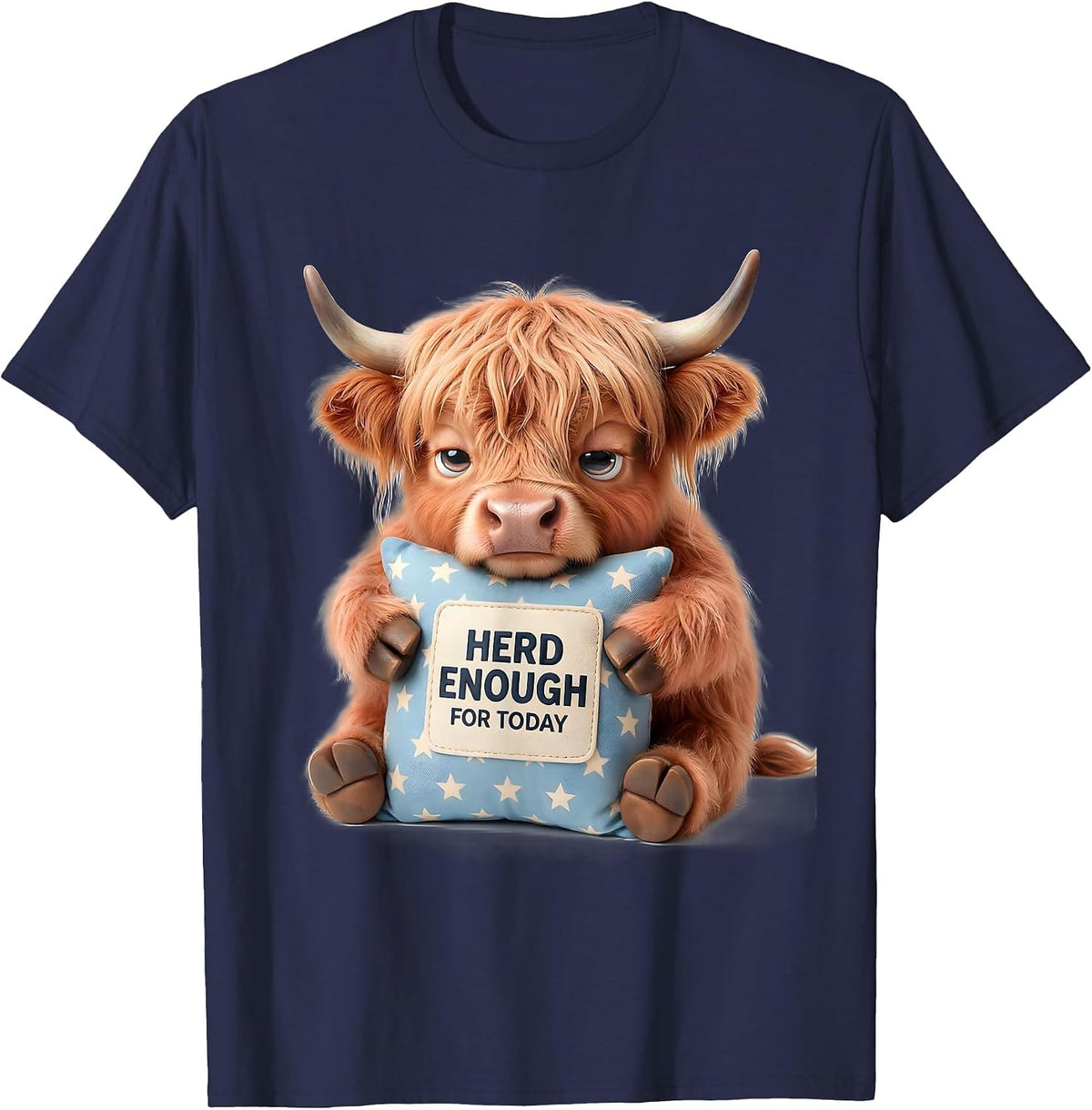 Herd Enough For Today Cute Kawaii Highland Cow Sleep Humor T-Shirt - Navy Blue