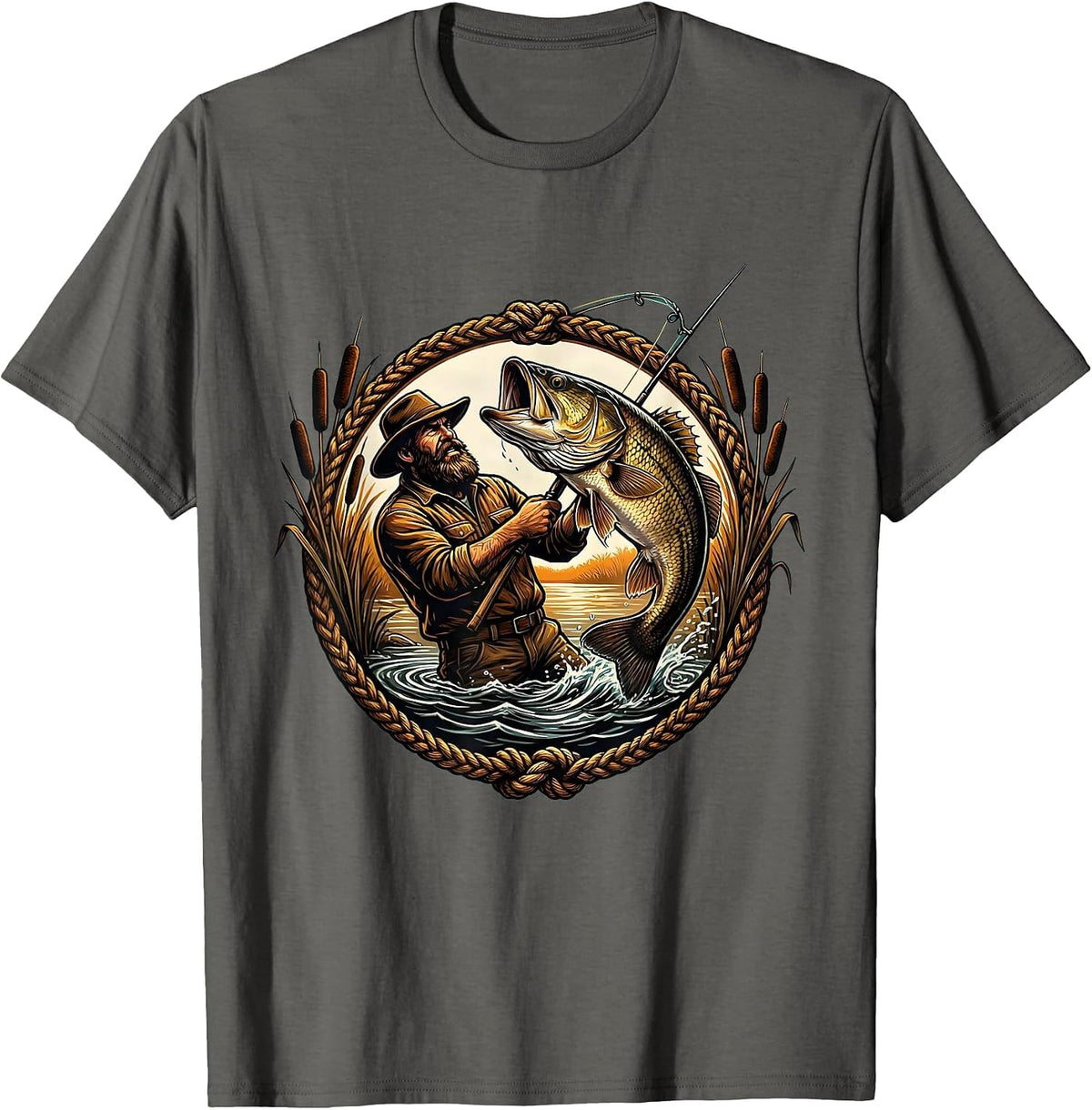 Bearded Fisherman Reeling In Giant Bass T-Shirt - Asphalt Grey