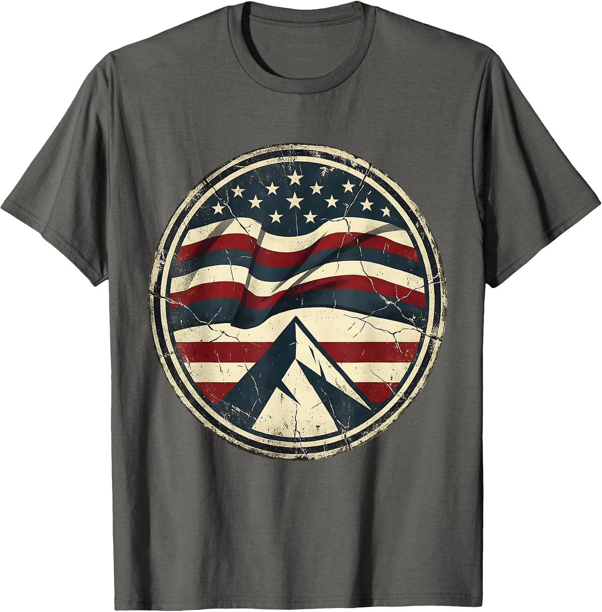 Weathered American Flag Over Mountain Peak T-Shirt - Asphalt Grey
