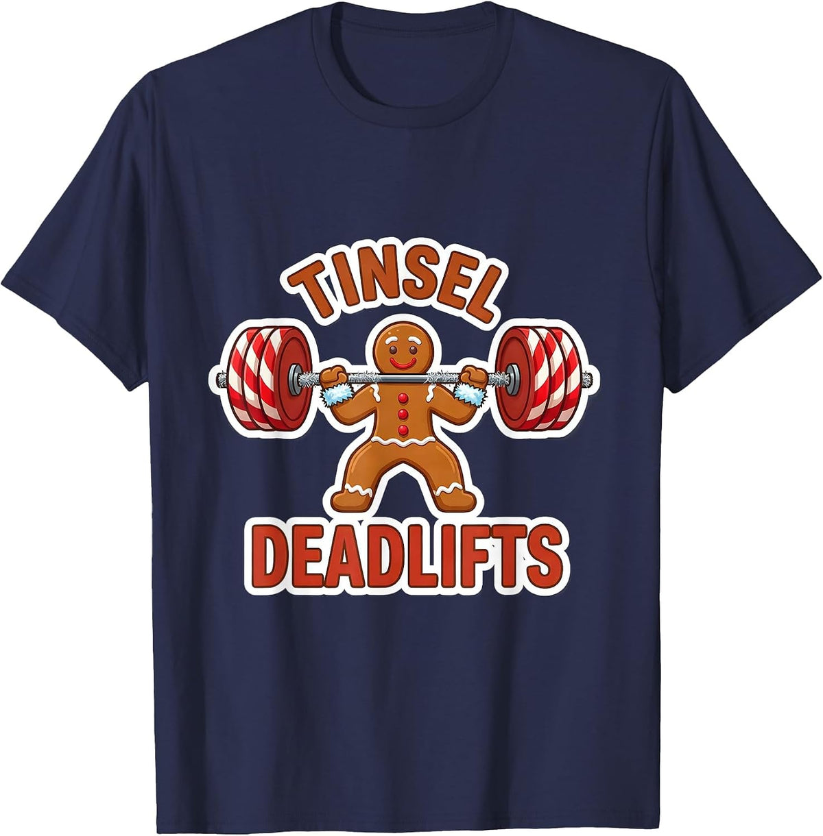 Men's Tinsel Deadlifts Funny Gingerbread Gym Weightlifting T-Shirt - Navy Blue